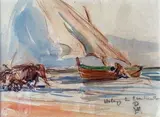 Le halage de l'embarcation by Charles Fouqueray, 1916, Aquarelle titrée et monogrammée en bas à droite, sold Oct 2014