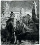 Eléphant devant le temple d'Angkor by Paul Jouve, Lithographie originale, tirage au noir sur papier japon nacré, sold Oct 2014