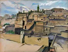 Vue de la ville de Marrakech, Maroc by Etienne Bouchaud, Aquarelle gouachée, sold Oct 2014