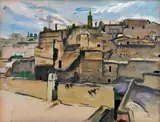 Vue de la ville de Marrakech, Maroc by Etienne Bouchaud, Aquarelle gouachée, sold Oct 2014
