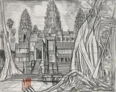Vue d'Angkor Vat by André Maire, Fusain et pastel sur papier, sold Oct 2014