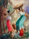 Une mère et sa fille portant des paniers by Nena Saguil, 1957, Aquarelle signée, sold Oct 2014