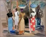 Scène de marché by Marcel Pire, Gouache signée en bas à gauche, sold Oct 2014