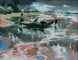 Le départ de la pirogue by Guy Huze, Gouache signée en bas à droite, sold Oct 2014
