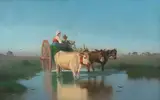 Couple de paysans italiens menant un boeuf, un âne et une mûle by Rosa Bonheur, Gouache sur papier signé en bas gauche, sold Sep 2014