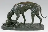 Levrette rapportant un lièvre by Antoine-Louis Barye, Epreuve en bronze à patine brun vert nuancé, sold Sep 2014
