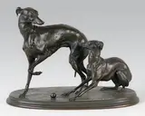 Levrettes à la boule by Pierre-Jules Mêne, Epreuve en bronze à patine brun nuancé vert, sold Sep 2014