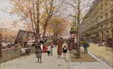 Les bouquinistes au Châtelet à Paris by Eugène Galien-Laloue, Gouache signée en bas à gauche, sold Jul 2014