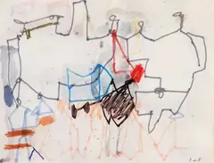 LES QUATRE MOUSQUETAIRES : BOROTRA, BRUGNON, COCHET, LACOSTE. SÉRIE DES CROISÉS", 1968-70 by Eugène de Kermadec, Aquarelle, pastel et feutre sur papier monogrammé en bas à droite, sold Apr 2008