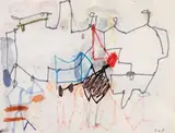 LES QUATRE MOUSQUETAIRES : BOROTRA, BRUGNON, COCHET, LACOSTE. SÉRIE DES CROISÉS", 1968-70 by Eugène de Kermadec, Aquarelle, pastel et feutre sur papier monogrammé en bas à droite, sold Apr 2008