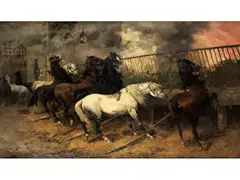 Feuer im Pferdestall by Giuseppe Gabani, oil on canvas, sold Jun 2022