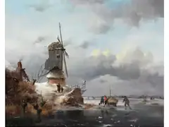 Winterliche Flusslandschaft mit Windmühle by Fredrik Marinus Kruseman, oil on panel, sold Sep 2024