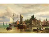 Fantasieansicht von Amsterdam mit Ankernden Booten und Schiffen by Elias van Bommel, oil on canvas, sold Sep 2023