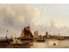 Geschäftiges Treiben auf Einem Fluss vor Dordrecht by Everhardus Koster, oil on canvas, sold Mar 2026