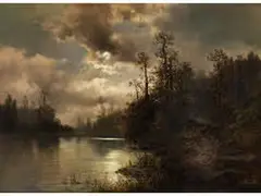 Waldlandschaft mit see im Mondlicht by Alexander Vasiliev Gine, oil on canvas, sold Dec 2015