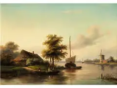 Flusslandschaft mit Schiffen, Mühle und Reetgedecktem Haus by Jan Jacob Spohler, oil on canvas, offered Dec 2015