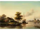 Flusslandschaft mit Schiffen, Mühle und Reetgedecktem Haus by Jan Jacob Spohler, oil on canvas, offered Dec 2015