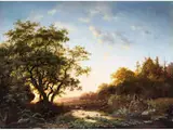 Schafhirte und Herde bei Sonnenuntergang by Fredrik Marinus Kruseman, oil on panel, offered Jun 2024