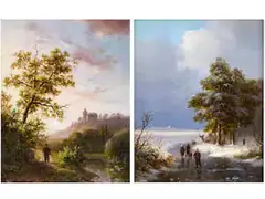 Winterlandschaft bei Kleve mit Schlittenschuhläufern by Johann Bernhard Klombeck, oil on panel, sold Sep 2024