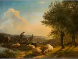 Abendliche Landschaft mit Schafhirten, Schafen und Esel by Balthazar Paul Ommeganck, oil on panel, offered Apr 2016