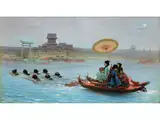 Boot mit Geishas vor Japanischer Stadtkulisse by Paul-Marie Lenoir, oil on canvas, offered Jun 2019