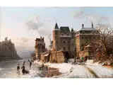 Romantische Rheinlandschaft im Winter mit Grosser Schlossanlage by Johannes Bartholomäus Duntze, oil on canvas, sold Mar 2023