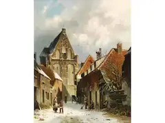 Winterliche Strassenansicht mit Kirche by Adrianus Eversen, oil on panel, offered Dec 2025