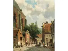 Strassenansicht mit Händlern in Haarlem by Adrianus Eversen, oil on canvas, offered Mar 2025