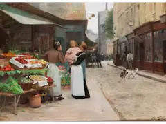 Strassenszene mit Wochenmarkt vom Alten Paris by Victor Gilbert, oil on panel, offered Apr 2020