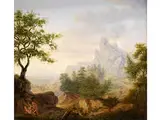 Fantasielandschaft mit Darstellung der Biblischen Legende von Kain und Abel by Deutscher Monogrammist „C P“ des beginnenden 19. Jahrhunderts, oil, offered Mar 2015