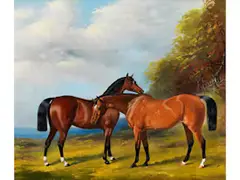 Zwei Prachtvolle Pferde in Landschaft by Henry Barraud, oil on canvas, sold Dec 2025