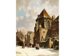 Winterliche Stadt mit Kirche by Adrianus Eversen, oil, sold Sep 2024