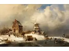 Winterfreuden vor der Windmühle by Charles Leickert, oil on canvas, sold Mar 2026