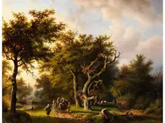 Romantische Waldlandschaft im Spätsommerlicht mit Figurenstaffage by Barend Cornelis Koekkoek, oil on panel, sold Dec 2024