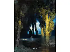 Gewässer mit Schwänen bei Mondlicht by Ferdinand Keller, oil on canvas, sold Mar 2024