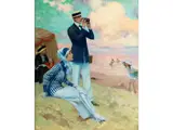 Elegantes Paar am Strand von Deauville by René Lelong, oil on canvas, sold Jun 2024