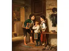 An der Stubentür Lauschende Schulkinder by Julius Geertz, oil on canvas, offered Dec 2020