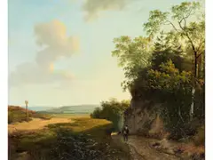 Sommerliche Weite Landschaft mit Spaziergänger by Andreas Schelfhout, oil on canvas, offered Sep 2025