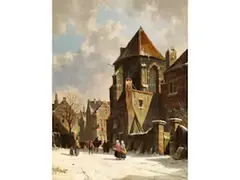 Holländische Stadtansicht mit Alter Kirche by Adrianus Eversen, oil on panel, offered Dec 2025
