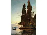 Seelandschaft in Sonnenuntergang by Hermann David Salomon Corrodi, oil on panel, offered Sep 2019