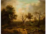 Hügelige Landschaft mit Jungen Eichen und Einer Bäuerin auf Einem Hohlweg by Barend Cornelis Koekkoek, oil on canvas, sold Dec 2015