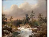 Steinige Baumlandschaft mit Wanderer und Hund auf Einem Geröllweg Unter Bauschigen Wolken by Jan Adam Jansz. Kruseman, 1804 - 1862, oil, offered Jul 2015