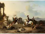 Die Rückkehr von der Jagd by Jozef Jodocus Moerenhout, oil on panel, sold Sep 2023