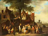 Grosse Gesellschaft vor Einem Gasthaus by Jan Hendrik van Grootveld, oil on panel, sold Jun 2023