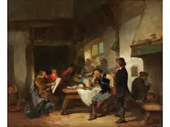 Gesellschaftsszene in Einer Herberge mit Maler Beim Portraitieren Eines Mannes mit Pelzkappe by Herman Frederik Carel ten Kate, oil on panel, offered Dec 2024