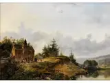 Landschaft mit Reitern vor Einem Haus Oberhalb des Ufers Eines Gewässers by Josephus Gerardus Hans, oil on panel, offered Mar 2019