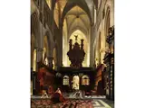 Kirchenintereiur mit Blick auf den Orgelprospekt und den Lettner Einer Gotischen Kathedrale by Jules Victor Génisson, oil on canvas, offered Jun 2024