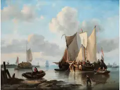 Am Ufer Ankernde Niederländische Fischerboote by George Willem Opdenhoff, oil on canvas, sold Sep 2020