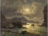 Nächtlicher Blick auf die Küste bei Neapel mit Vesuv by Johan Christian Clausen Dahl, oil on copper, sold Jun 2023