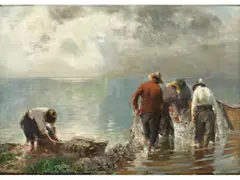 Netze Einholende Fischer by Josef Wopfner, oil on board, sold Dec 2023